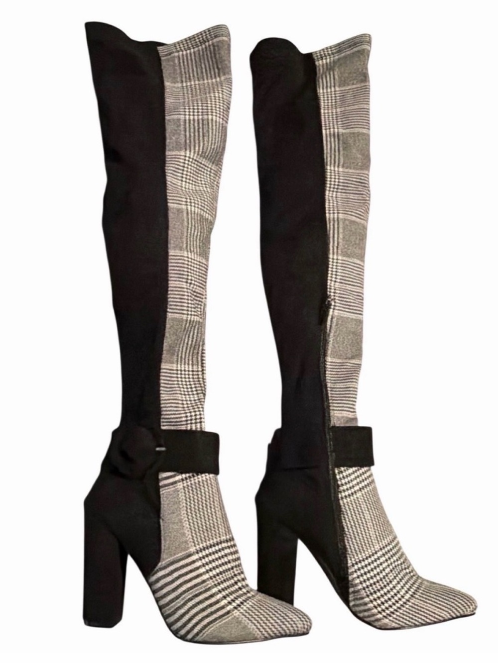 Plaid Over-the-Knee Block Heel Boots - Black & Gray